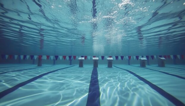 Underwater view of swimming pool lanes, with starting blocks and flags
