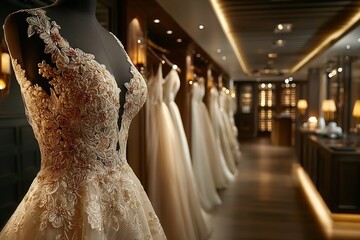 A collection of stunning wedding dresses showcases diverse styles and intricate designs in a well-lit bridal boutique 