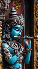 Obraz premium Blue Statue Plays Flute in Carved Frame