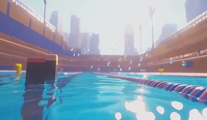 Obraz premium Swimming pool scene in a stadium. Water, splashing, and cityscape