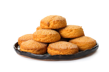 Plate with fresh sweet cookies on white background
