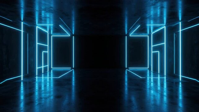 The scene shows an endless dark corridor illuminated with neon-blue geometric patterns on wall that reflect a shiny surface, suggesting futuristic or modern design.