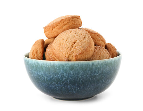 Blue bowl with sweet cookies on white background