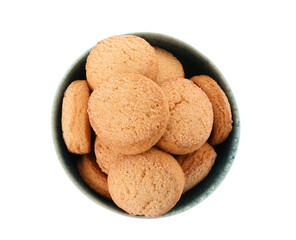 Bowl with sweet cookies on white background