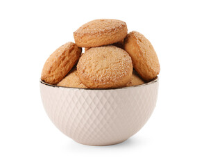 Bowl with sweet cookies on white background