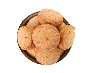 Bowl with sweet cookies on white background