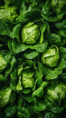 Fototapeta premium Vibrant green lettuce heads are freshly harvested and artistically arranged, showcasing their crispness and quality at a bustling farmers market