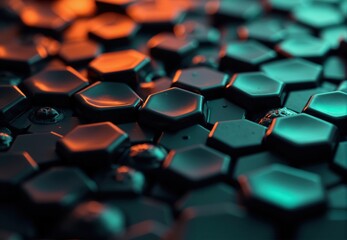 Obraz premium Abstract Hexagonal Surface with Teal and Orange Lighting