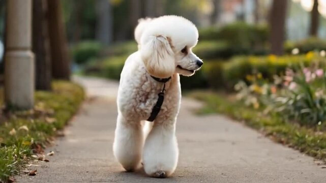 Fluffy white poodle strolls on a sunlit path amidst lush greenery