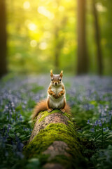 A fluffy red squirrel sits upright on a moss-covered log in a sun-dappled forest, surrounded by a vibrant carpet of bluebells.