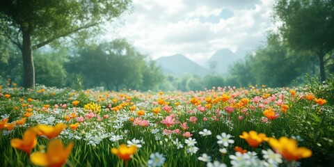 Colorful wildflowers bloom in a lush meadow under a bright sky near majestic mountains