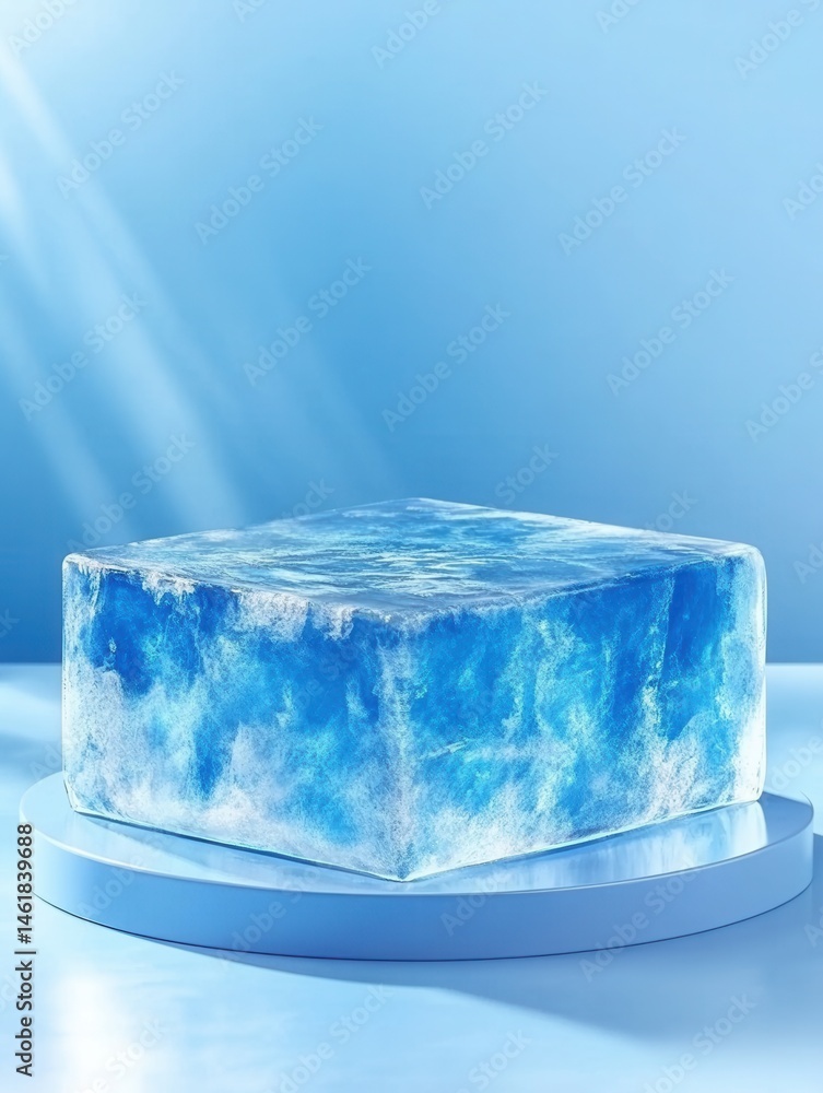 Poster ice cube on blue platform studio shot product display cool refreshment concept clean presentation