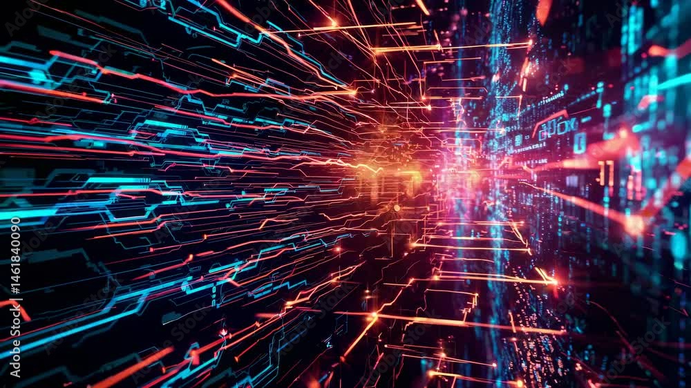 Aufkleber futuristic digital grid with neon lights, viewed from a dynamic low-angle, creating a sense of depth