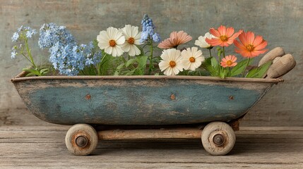 Rustic Wooden Wagon with Spring Flowers