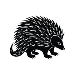 Simple black and white vector illustration of a cute hedgehog animal isolated on white