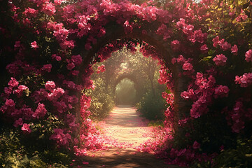 Obraz premium A vibrant floral archway through a sunlit garden path.
