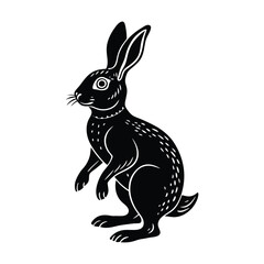 Black and white vector illustration of a standing hare with detailed fur and features