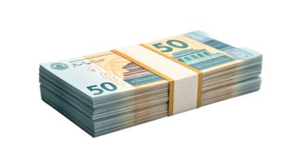 A stack of Myanmar Kyat 50 banknotes, neatly banded together