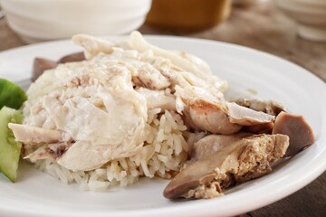 Steamed rice topped with chicken Singapore street food