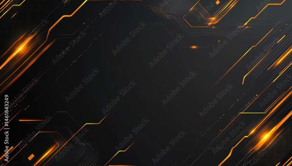 Poster abstract dark gray background with bright orange technology circuit lines and geometric accents for 