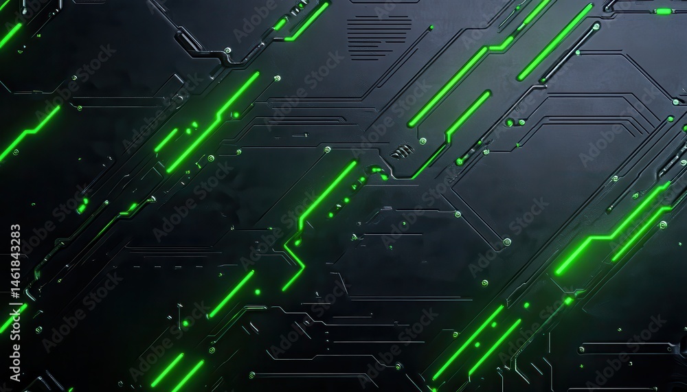 Poster Abstract Dark Gray Futuristic Technology Surface with Green Glowing Lines Circuit Board Design Computer Innovation and Hi-tech Artificial Intelligence Macro Electronic Detail