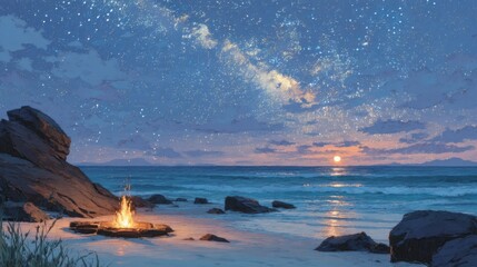 Serene Beach Bonfire Under a Starry Night Sky