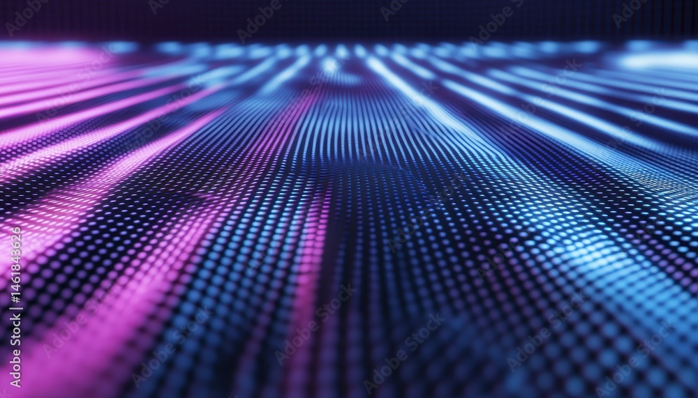 Poster Abstract Digital Background of Pink and Blue Dots Array Forming Waves on Dark Surface with Glowing Effect Represents Modern Technology and Futuristic Connection