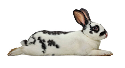 Fototapeta premium Checkered Giant Rabbit Lying Down Relaxed Thick White Coat Symmetrical Dark Markings Isolated Pet