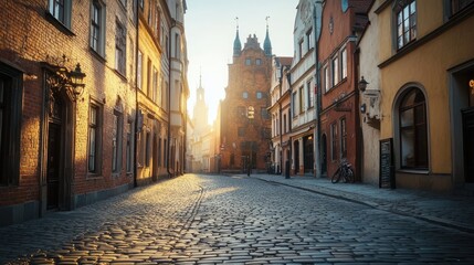 Obraz premium Golden Sunrise on Cobblestone Street in Old European City