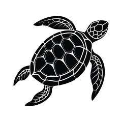 Black and white silhouette of a sea turtle isolated on a clean white background design