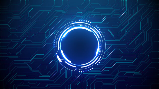 Neon light blue circle portal with electronics elements and wires are on a futuristic technology circuit board. Technology sky-fi background. Round glowing HUD with space for text. Vector tech bg.