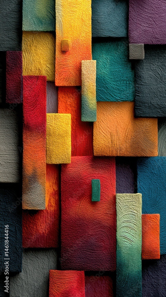 Poster colorful abstract wall art composed of textured panels in various shapes and hues arranged creativel