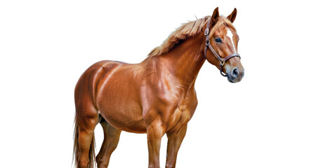 Naklejka premium Cinnamon Horse Standing Gracefully Warm Reddish-Brown Coat Silky Mane Gentle Eyes Isolated White Equine