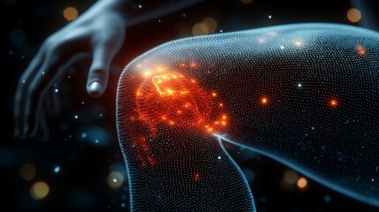 Knee pain, highlighted with glowing red points, showing inflammation