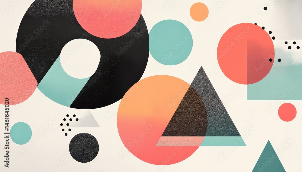 Poster abstract geometric composition with circles and triangles in black coral peach and teal on off white