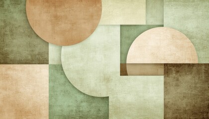 Abstract Geometric Design with Circles and Squares in Earth Tones Beige Tan Olive Green and Moss Green Vintage Textured Backdrop
