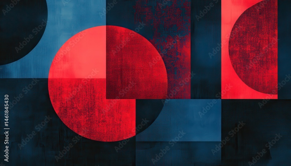 Fototapete Abstract Geometric Design with Intersecting Red Circles and Blue Rectangles Overlapping Textured Background for Modern Art and Decorative Wallpaper