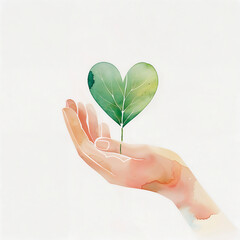 Hands gently cradle a green heart shaped leaf symbolizing love for nature and environmental care