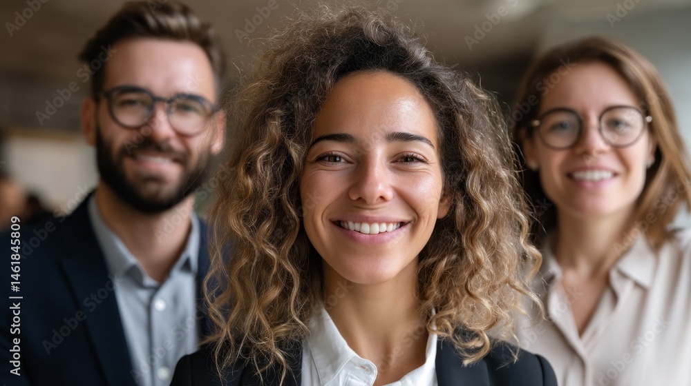 Poster three young professionals display cheerful expressions in a modern office setting. they are engaged 