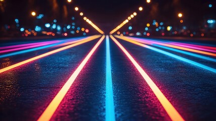 Obraz premium Neon-lit city road at night, glowing lines