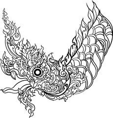 black-and-white illustration of a mythical dragon-naga hybrid face. The artwork combines the fierce expression of a Chinese dragon with the ornamental flames, scales,