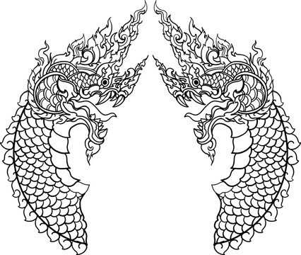 black-and-white illustration of a mythical dragon-naga hybrid face. The artwork combines the fierce expression of a Chinese dragon with the ornamental flames, scales,