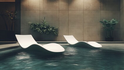 Modern spa lounge with sleek white chaise lounges by a calming pool