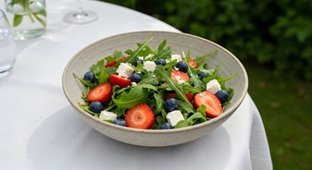 Fresh summer salad with arugula, berries and feta on linen-covered table
