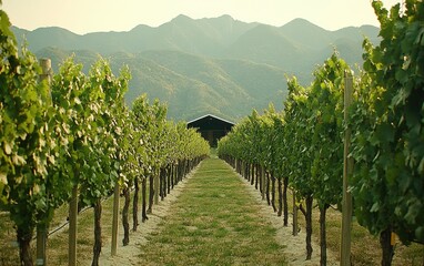 Naklejka premium Lush vineyard rows stretching to a distant building, nestled amidst rolling hills