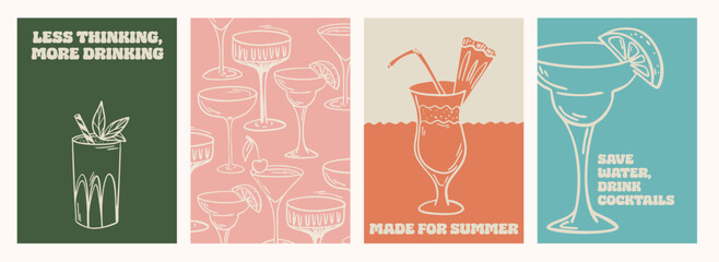 Summer cocktail posters set in minimalist retro style