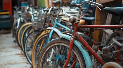 Obraz premium Row of colorful vintage bicycles parked outdoors showing retro charm, antique transport, and urban lifestyle