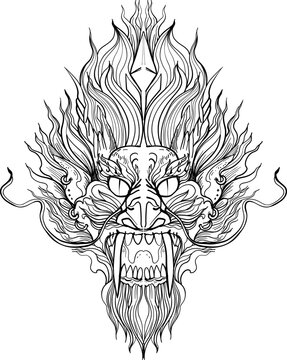 black-and-white illustration of a mythical dragon-naga hybrid face. The artwork combines the fierce expression of a Chinese dragon with the ornamental flames, scales,