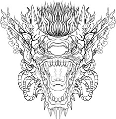 black-and-white illustration of a mythical dragon-naga hybrid face. The artwork combines the fierce expression of a Chinese dragon with the ornamental flames, scales,