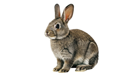 Naklejka premium European Rabbit Sitting Alertly Sleek Brown-Gray Fur Upright Ears Soft Round Body Isolated White Wild